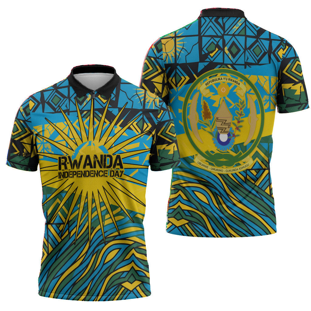 Rwanda Independence Day Zipper Polo Shirt Tribal Geometric Pattern - National Coat Of Arms And Sunburst