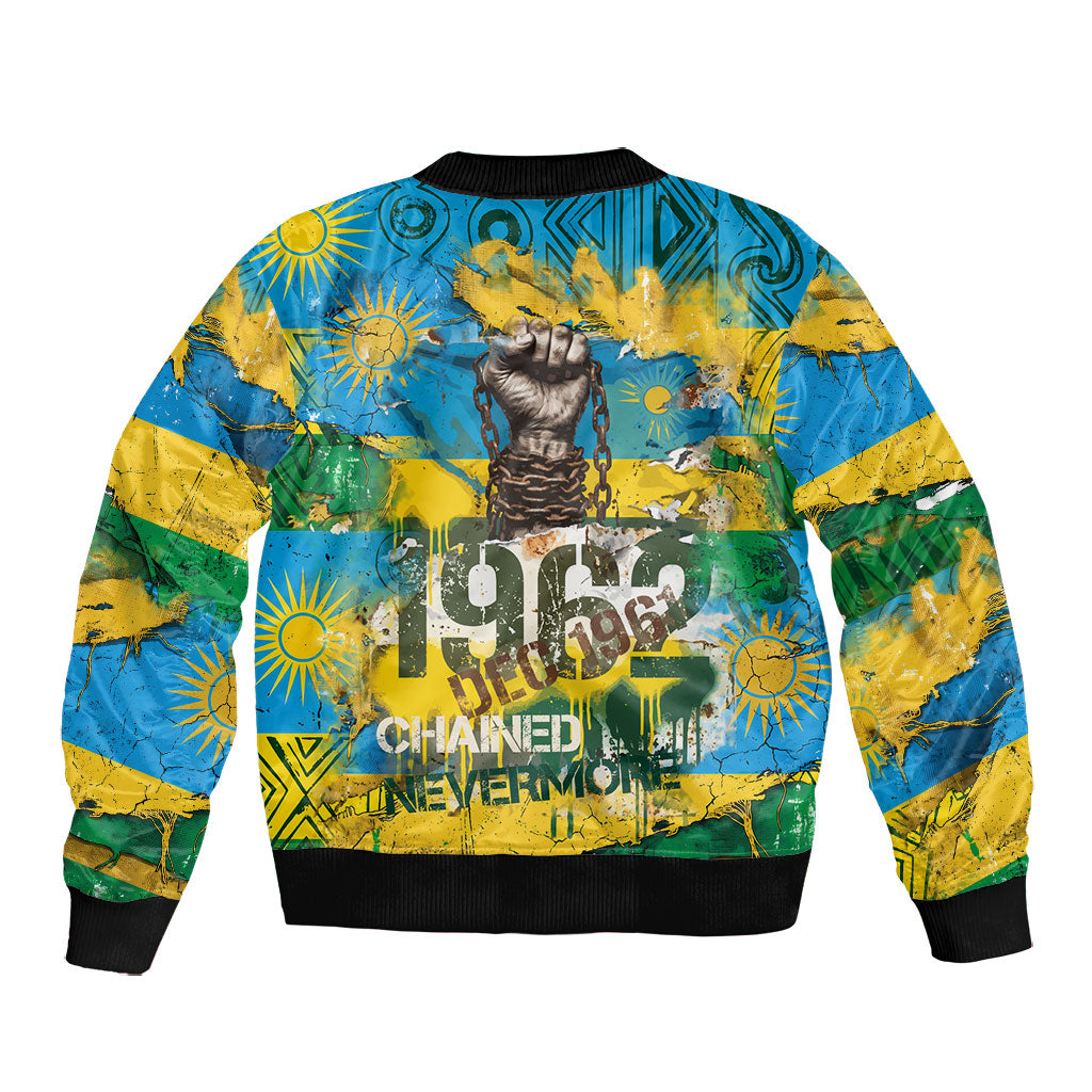 Rwanda Independence Day Bomber Jacket Distressed Grunge Flag Design - Broken Chains And 1962 Graphic