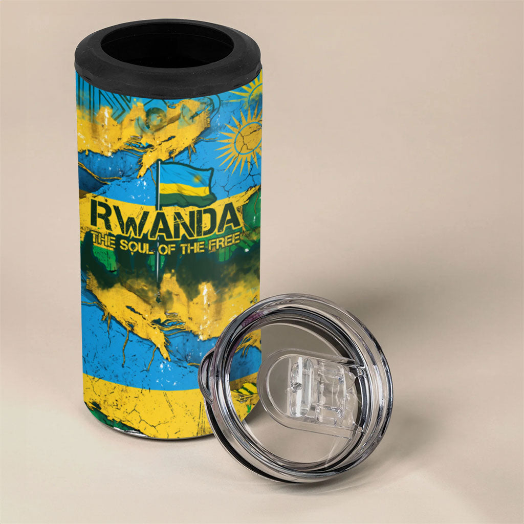 Rwanda Independence Day 4 in 1 Can Cooler Tumbler Distressed Grunge Flag Design - Broken Chains And 1962 Graphic