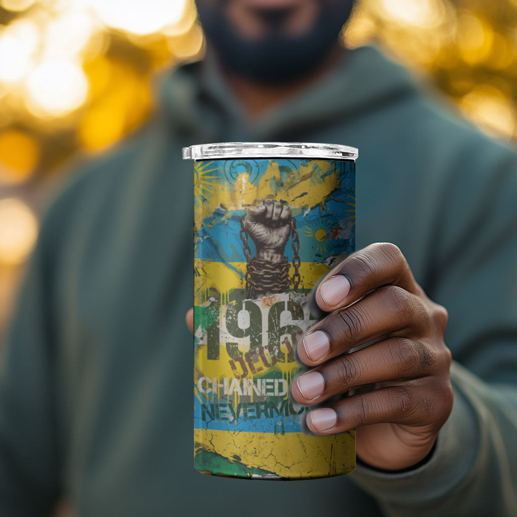 Rwanda Independence Day 4 in 1 Can Cooler Tumbler Distressed Grunge Flag Design - Broken Chains And 1962 Graphic