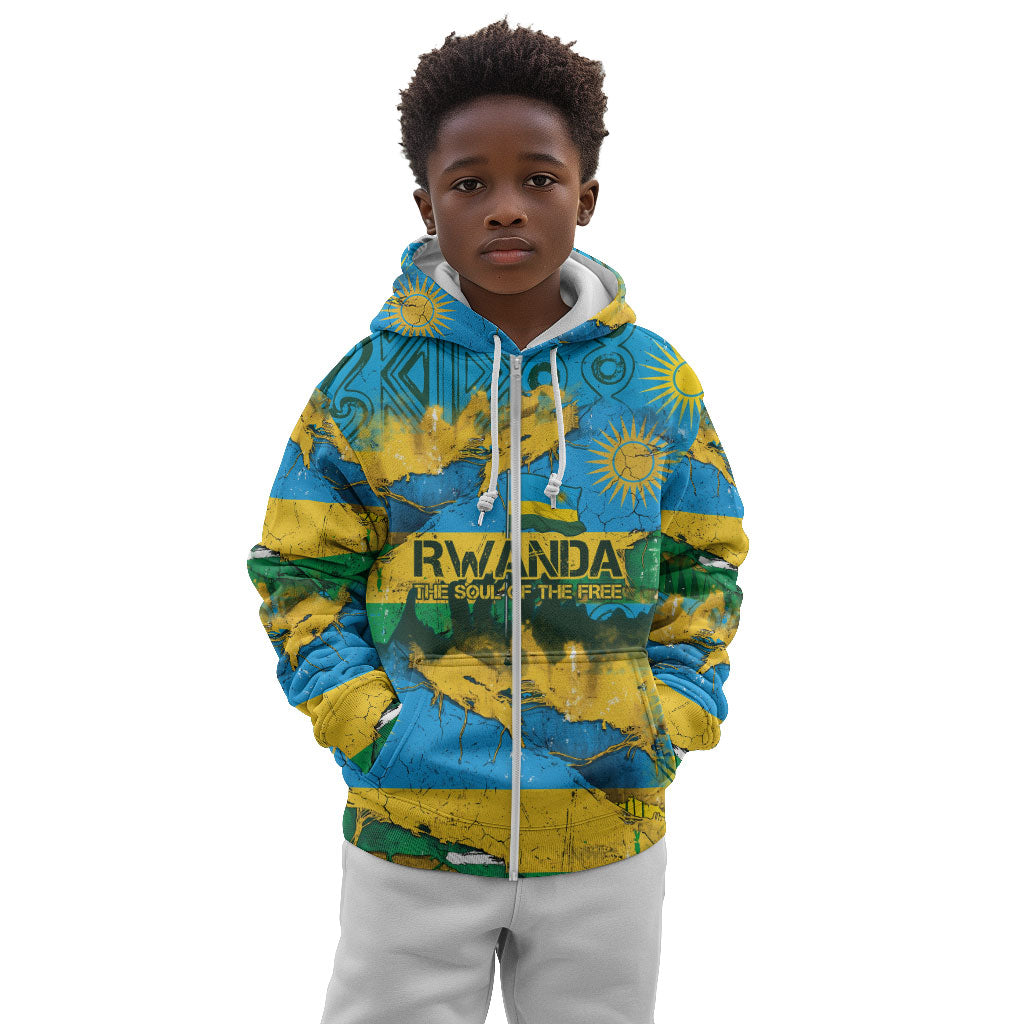 Rwanda Independence Day Kid Hoodie Distressed Grunge Flag Design - Broken Chains And 1962 Graphic