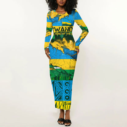 Rwanda Independence Day Long Sleeve Bodycon Dress Distressed Grunge Flag Design - Broken Chains And 1962 Graphic