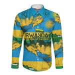 Rwanda Independence Day Long Sleeve Button Shirt Distressed Grunge Flag Design - Broken Chains And 1962 Graphic