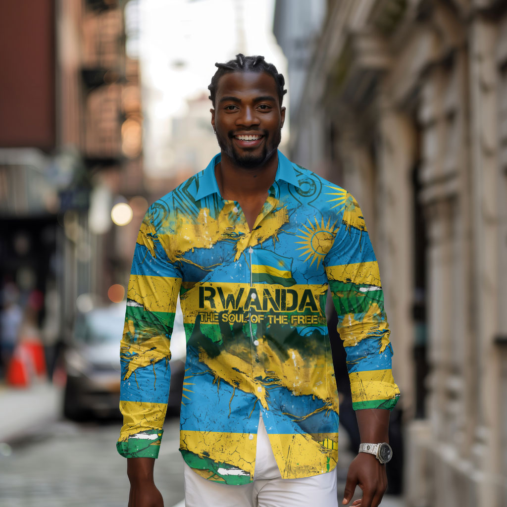 Rwanda Independence Day Long Sleeve Button Shirt Distressed Grunge Flag Design - Broken Chains And 1962 Graphic