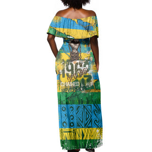 Rwanda Independence Day Off Shoulder Maxi Dress Distressed Grunge Flag Design - Broken Chains And 1962 Graphic
