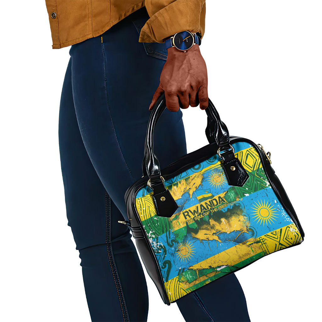 Rwanda Independence Day Shoulder Handbag Distressed Grunge Flag Design - Broken Chains And 1962 Graphic