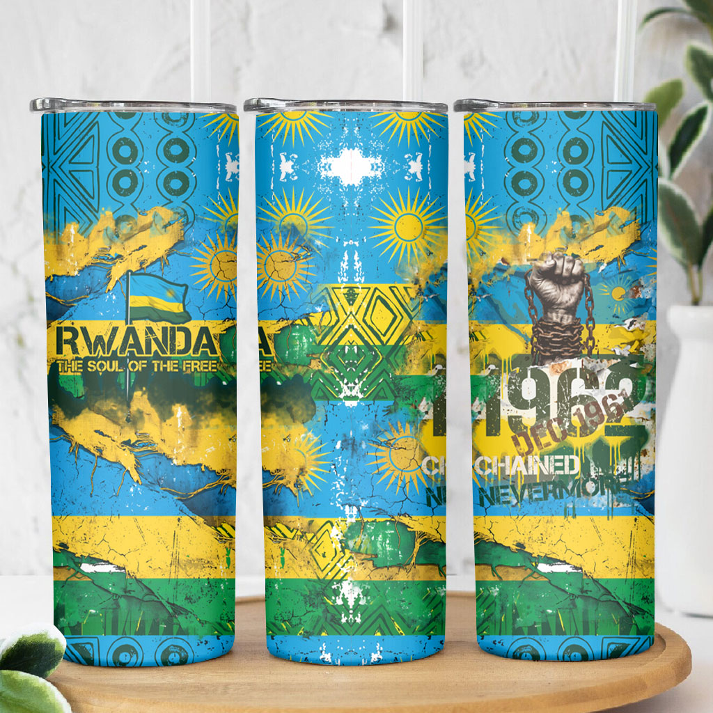 Rwanda Independence Day Skinny Tumbler Distressed Grunge Flag Design - Broken Chains And 1962 Graphic