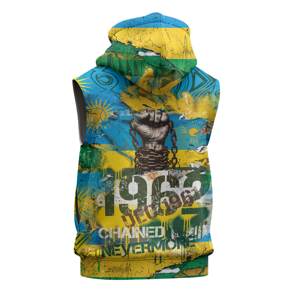 Rwanda Independence Day Sleeveless Hoodie Distressed Grunge Flag Design - Broken Chains And 1962 Graphic