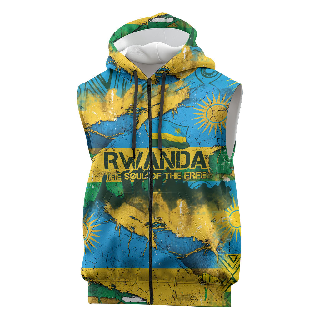 Rwanda Independence Day Sleeveless Zip Hoodie Distressed Grunge Flag Design - Broken Chains And 1962 Graphic