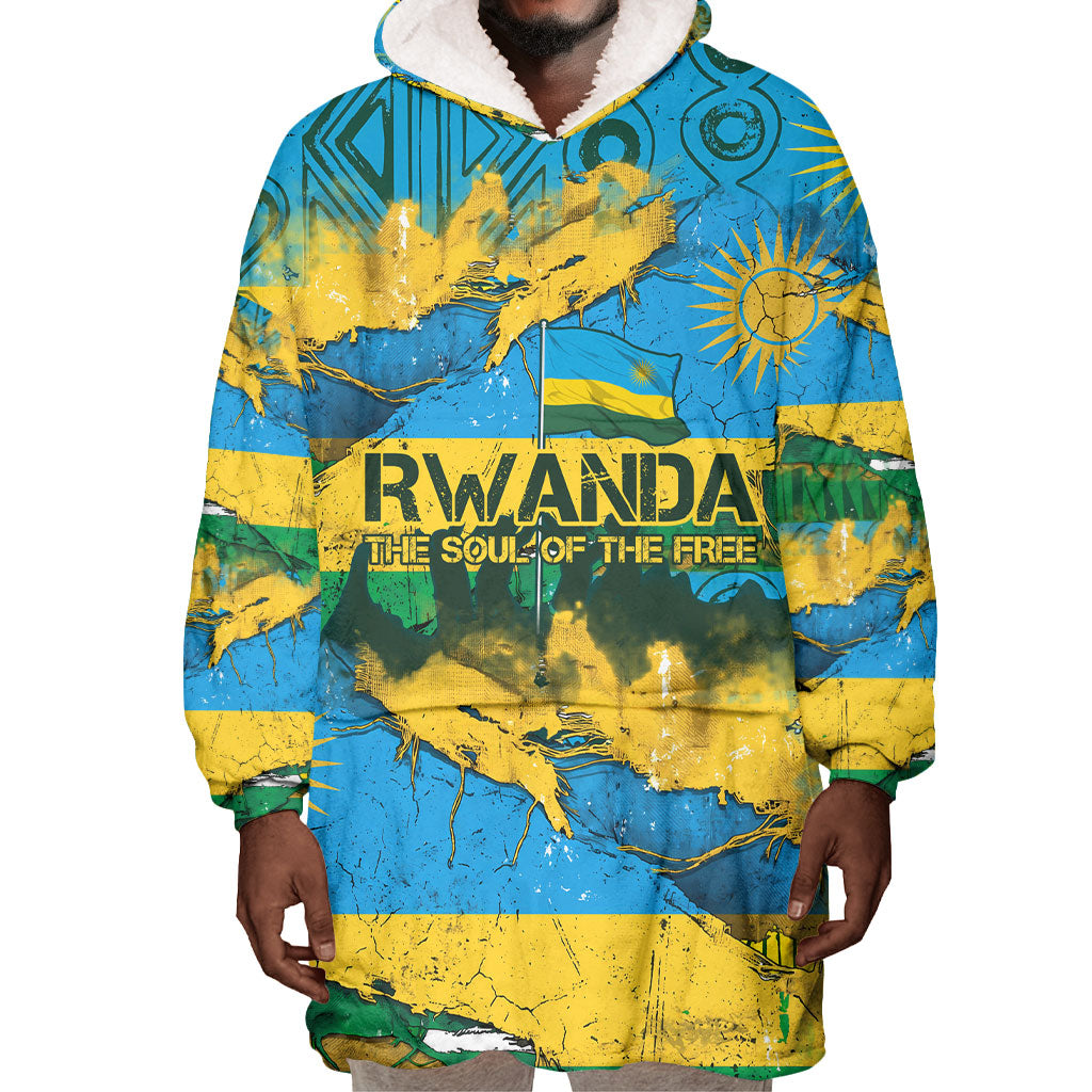 Rwanda Independence Day Wearable Blanket Hoodie Distressed Grunge Flag Design - Broken Chains And 1962 Graphic