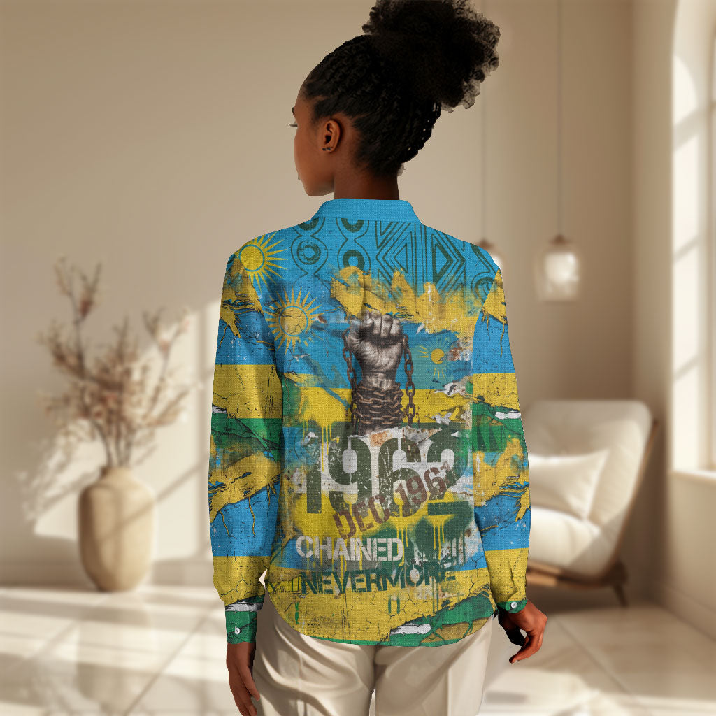 Rwanda Independence Day Women Casual Shirt Distressed Grunge Flag Design - Broken Chains And 1962 Graphic