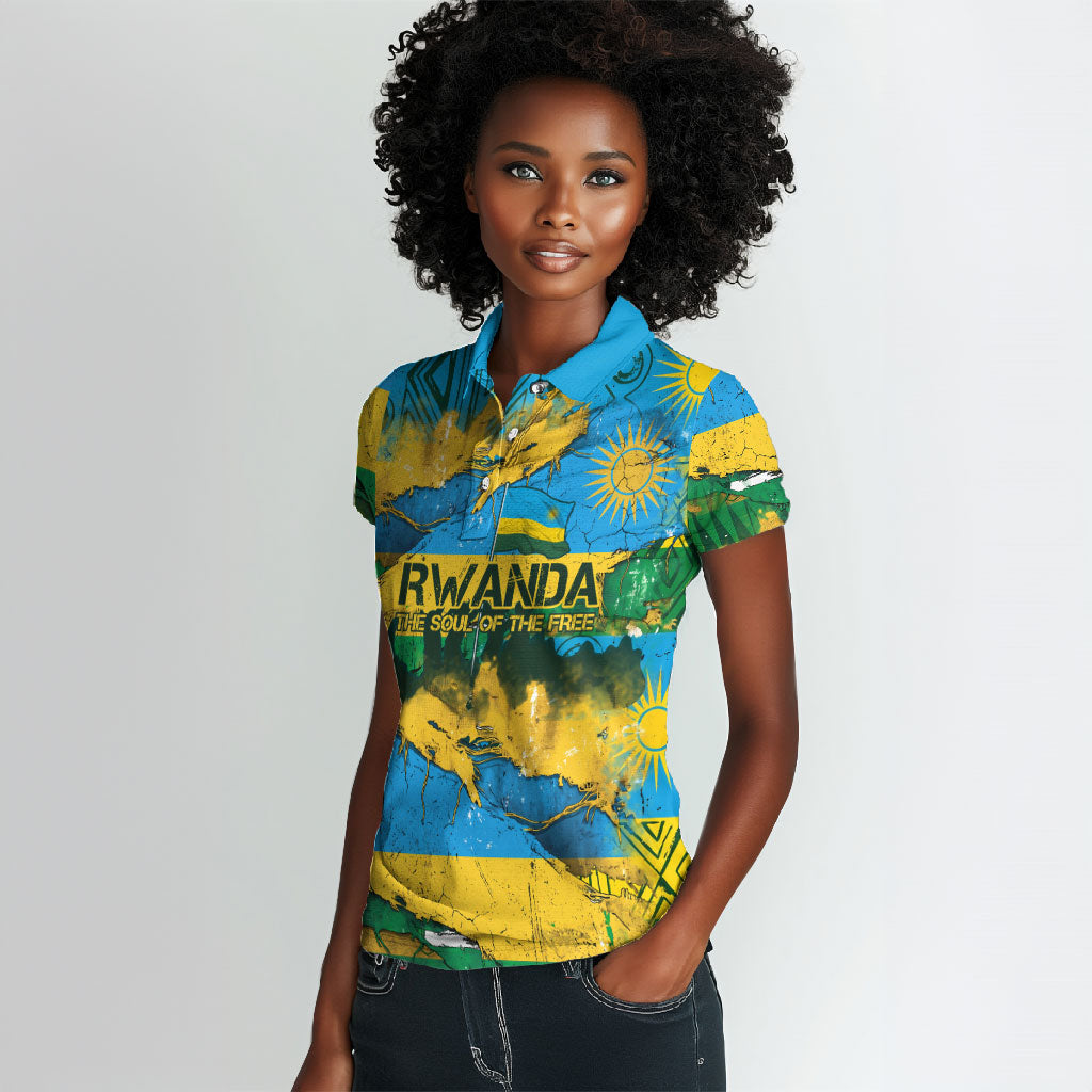 Rwanda Independence Day Women Polo Shirt Distressed Grunge Flag Design - Broken Chains And 1962 Graphic