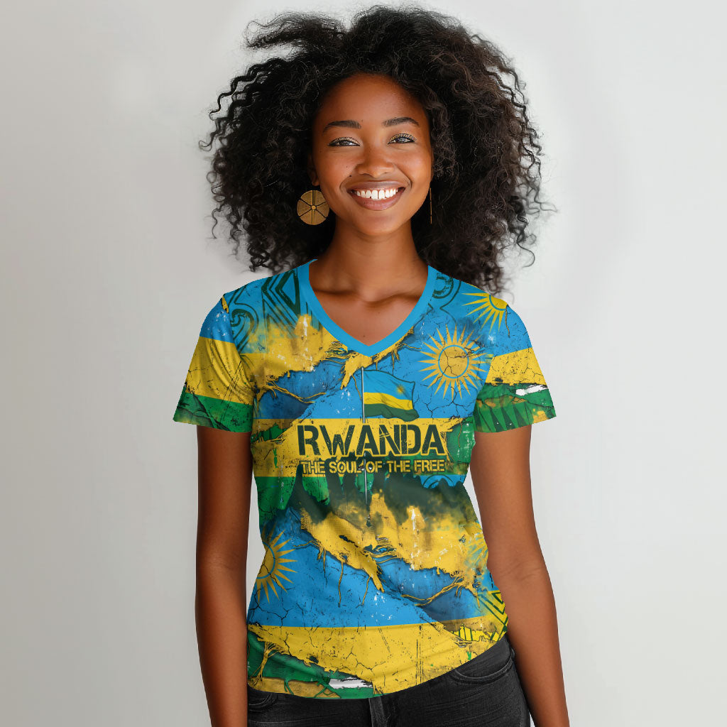 Rwanda Independence Day Women V-Neck T-Shirt Distressed Grunge Flag Design - Broken Chains And 1962 Graphic