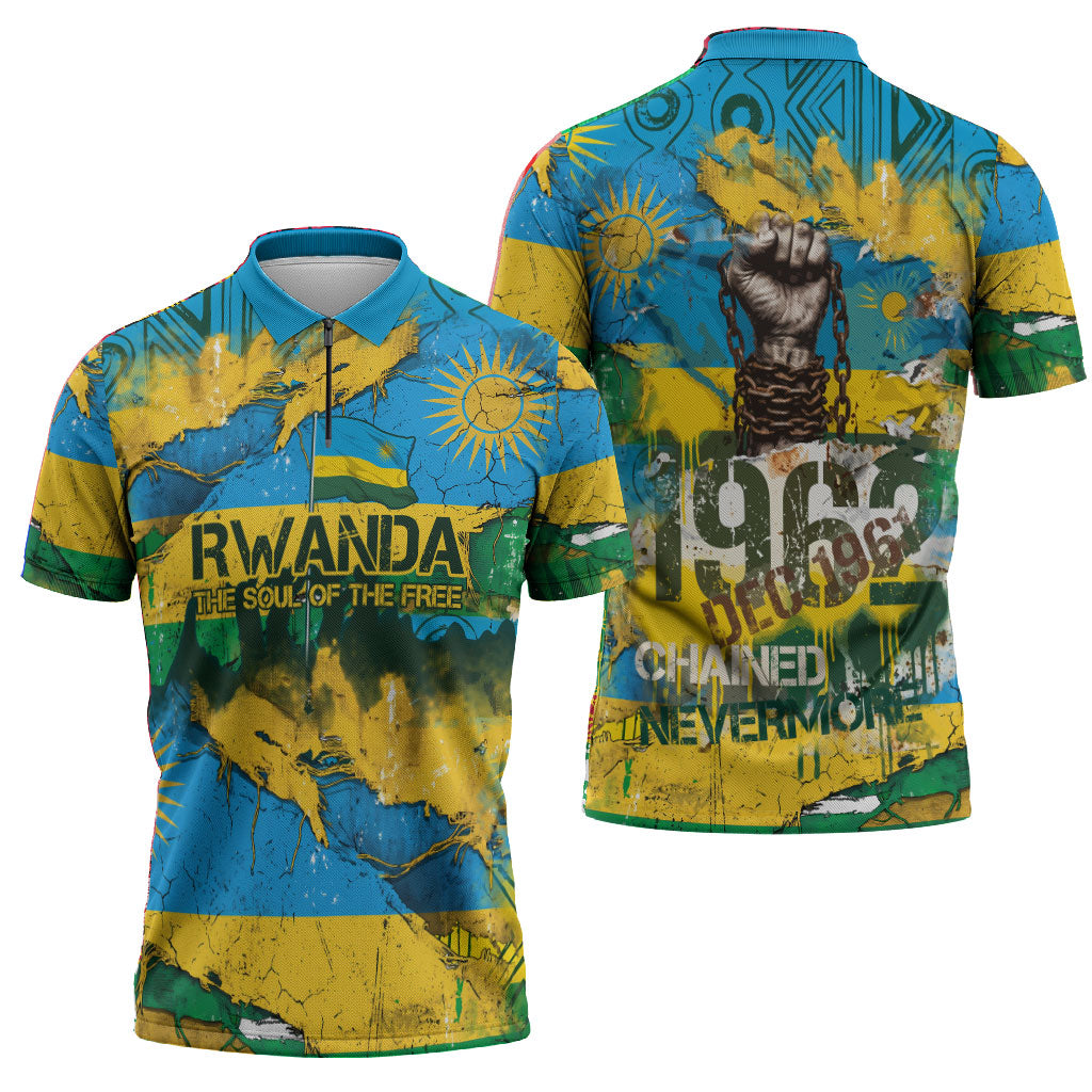 Rwanda Independence Day Zipper Polo Shirt Distressed Grunge Flag Design - Broken Chains And 1962 Graphic