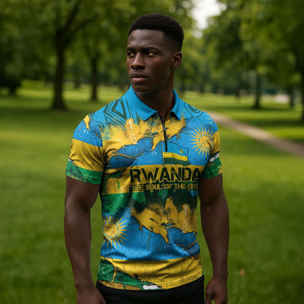 Rwanda Independence Day Zipper Polo Shirt Distressed Grunge Flag Design - Broken Chains And 1962 Graphic