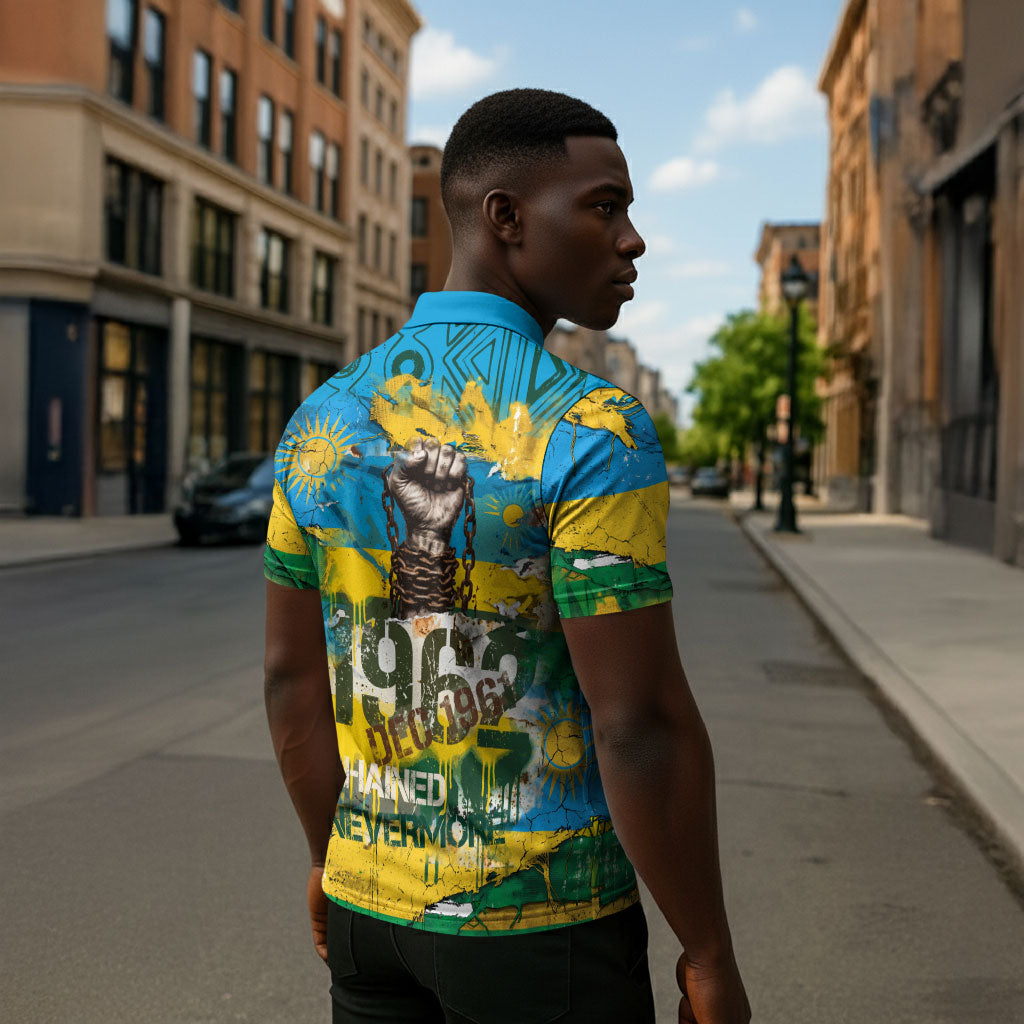 Rwanda Independence Day Zipper Polo Shirt Distressed Grunge Flag Design - Broken Chains And 1962 Graphic