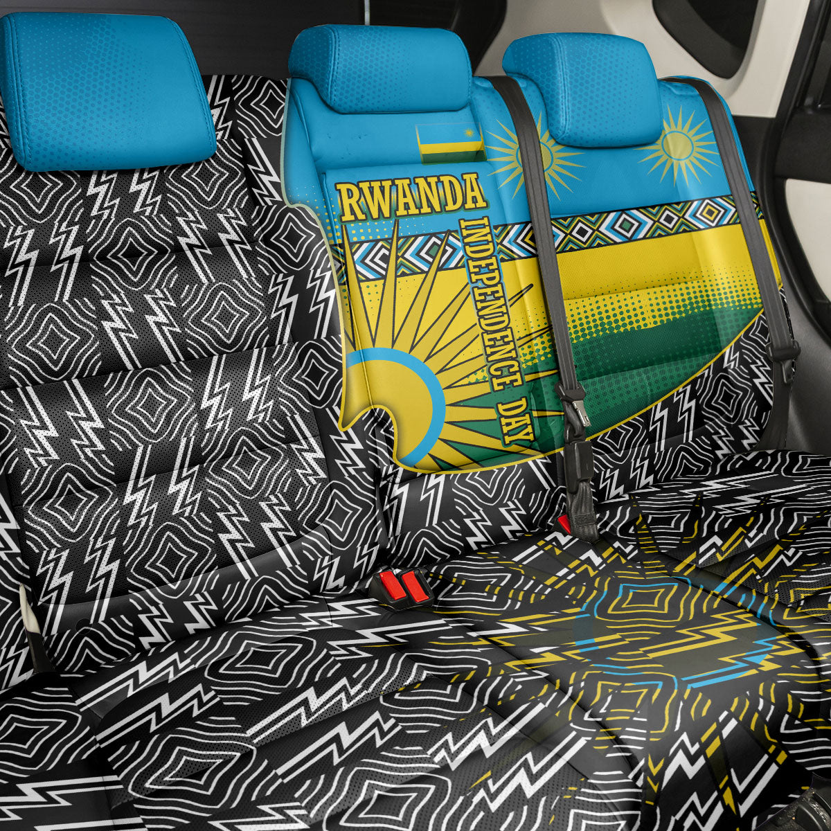 Rwanda Independence Day Unite Paix Progres Back Car Seat Cover African Geometric Pattern - Power Fist And Coffee Branch Art