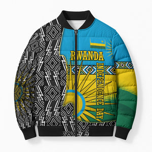 Rwanda Independence Day Unite Paix Progres Bomber Puffer Jacket African Geometric Pattern - Power Fist And Coffee Branch Art