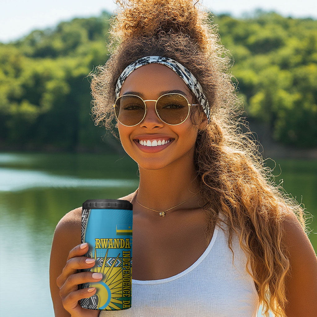 Rwanda Independence Day Unite Paix Progres 4 in 1 Can Cooler Tumbler African Geometric Pattern - Power Fist And Coffee Branch Art