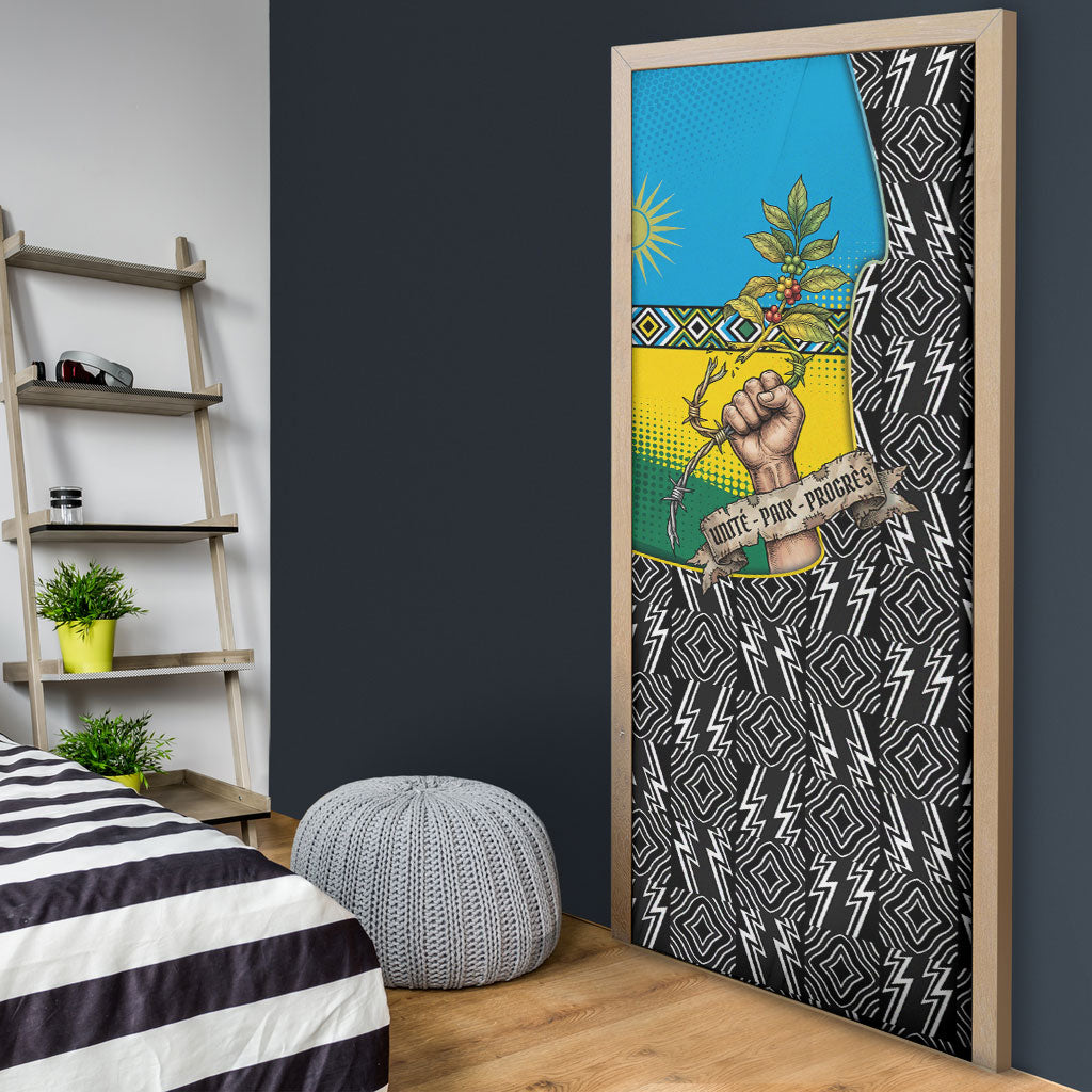 Rwanda Independence Day Unite Paix Progres Door Cover African Geometric Pattern - Power Fist And Coffee Branch Art