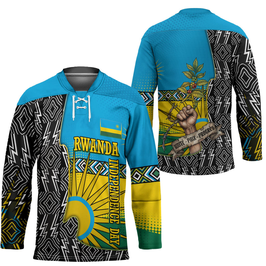 Rwanda Independence Day Unite Paix Progres Hockey Jersey African Geometric Pattern - Power Fist And Coffee Branch Art