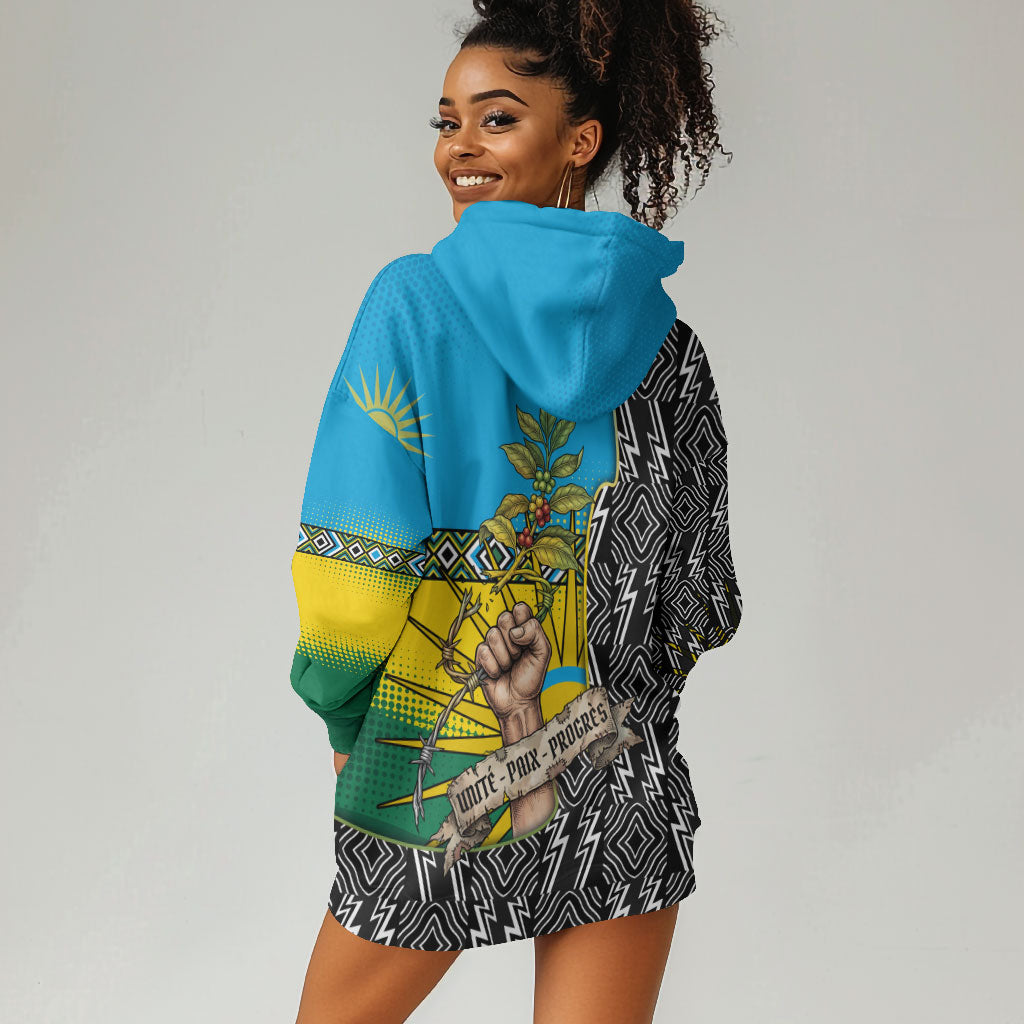 Rwanda Independence Day Unite Paix Progres Hoodie Dress African Geometric Pattern - Power Fist And Coffee Branch Art