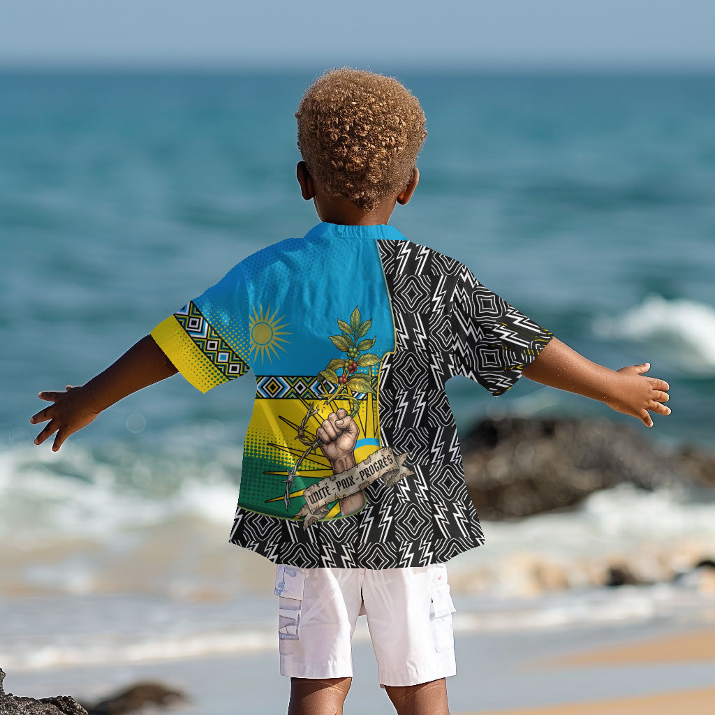 Rwanda Independence Day Unite Paix Progres Kid Hawaiian Shirt African Geometric Pattern - Power Fist And Coffee Branch Art