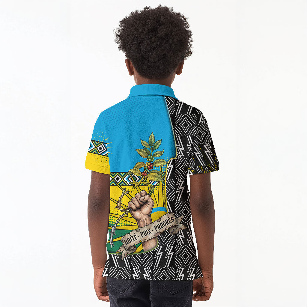 Rwanda Independence Day Unite Paix Progres Kid Polo Shirt African Geometric Pattern - Power Fist And Coffee Branch Art