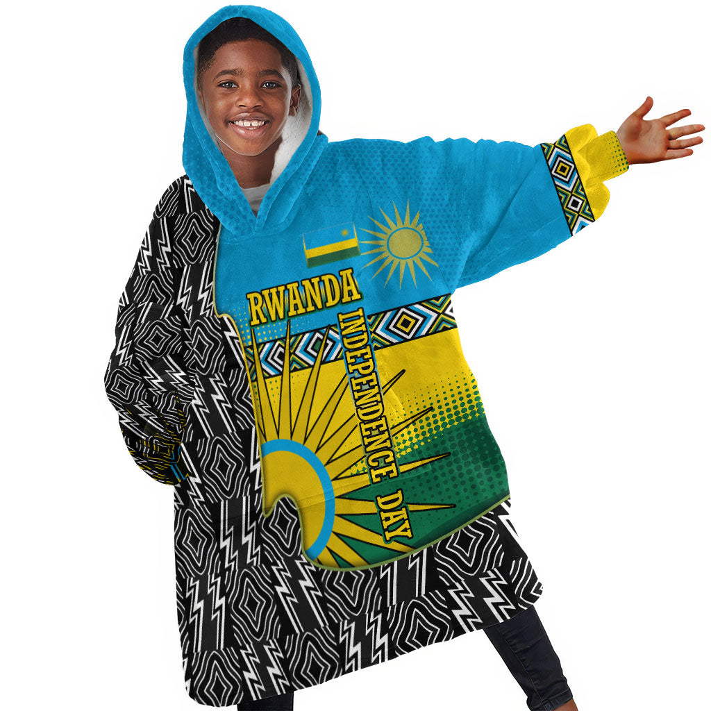 Rwanda Independence Day Unite Paix Progres Kid Wearable Blanket Hoodie African Geometric Pattern - Power Fist And Coffee Branch Art