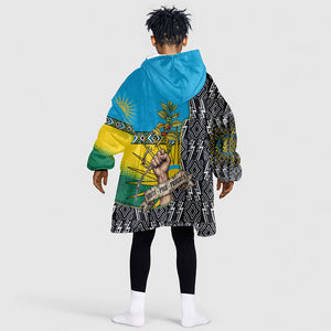 Rwanda Independence Day Unite Paix Progres Kid Wearable Blanket Hoodie African Geometric Pattern - Power Fist And Coffee Branch Art