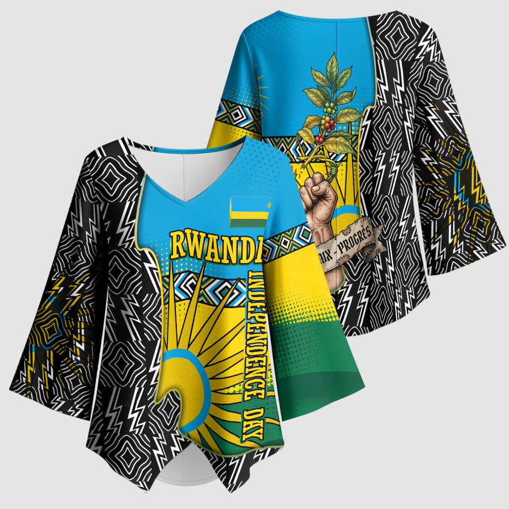 Rwanda Independence Day Unite Paix Progres Kimono Sleeve Blouse African Geometric Pattern - Power Fist And Coffee Branch Art