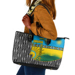 Rwanda Independence Day Unite Paix Progres Leather Tote Bag African Geometric Pattern - Power Fist And Coffee Branch Art
