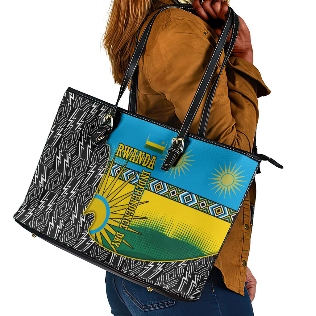 Rwanda Independence Day Unite Paix Progres Leather Tote Bag African Geometric Pattern - Power Fist And Coffee Branch Art