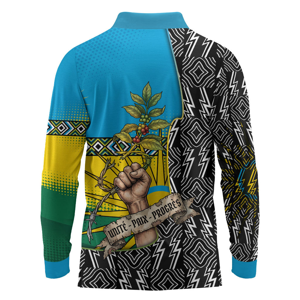 Rwanda Independence Day Unite Paix Progres Long Sleeve Polo Shirt African Geometric Pattern - Power Fist And Coffee Branch Art