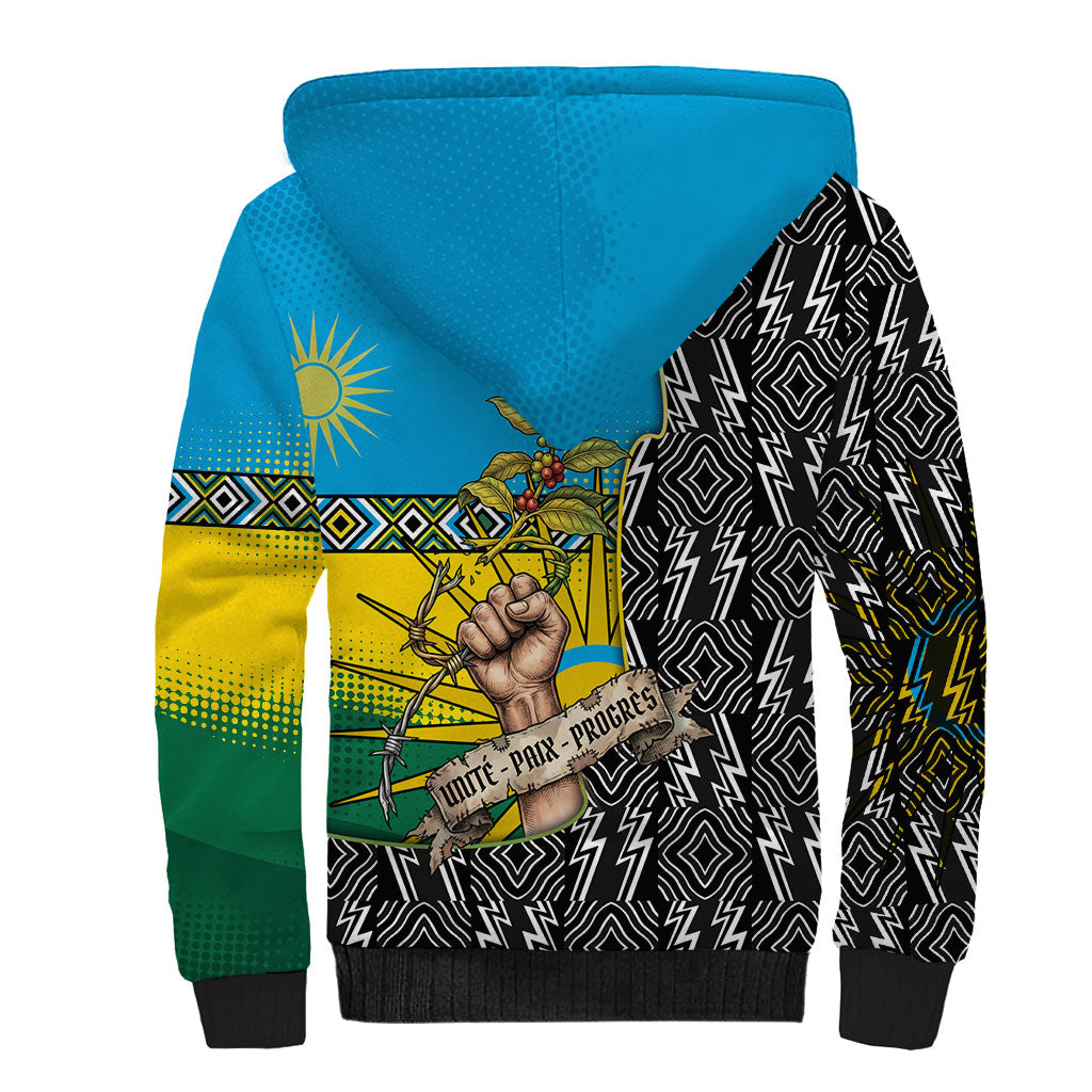 Rwanda Independence Day Unite Paix Progres Sherpa Hoodie African Geometric Pattern - Power Fist And Coffee Branch Art
