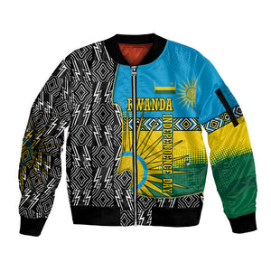 Rwanda Independence Day Unite Paix Progres Sleeve Zip Bomber Jacket African Geometric Pattern - Power Fist And Coffee Branch Art
