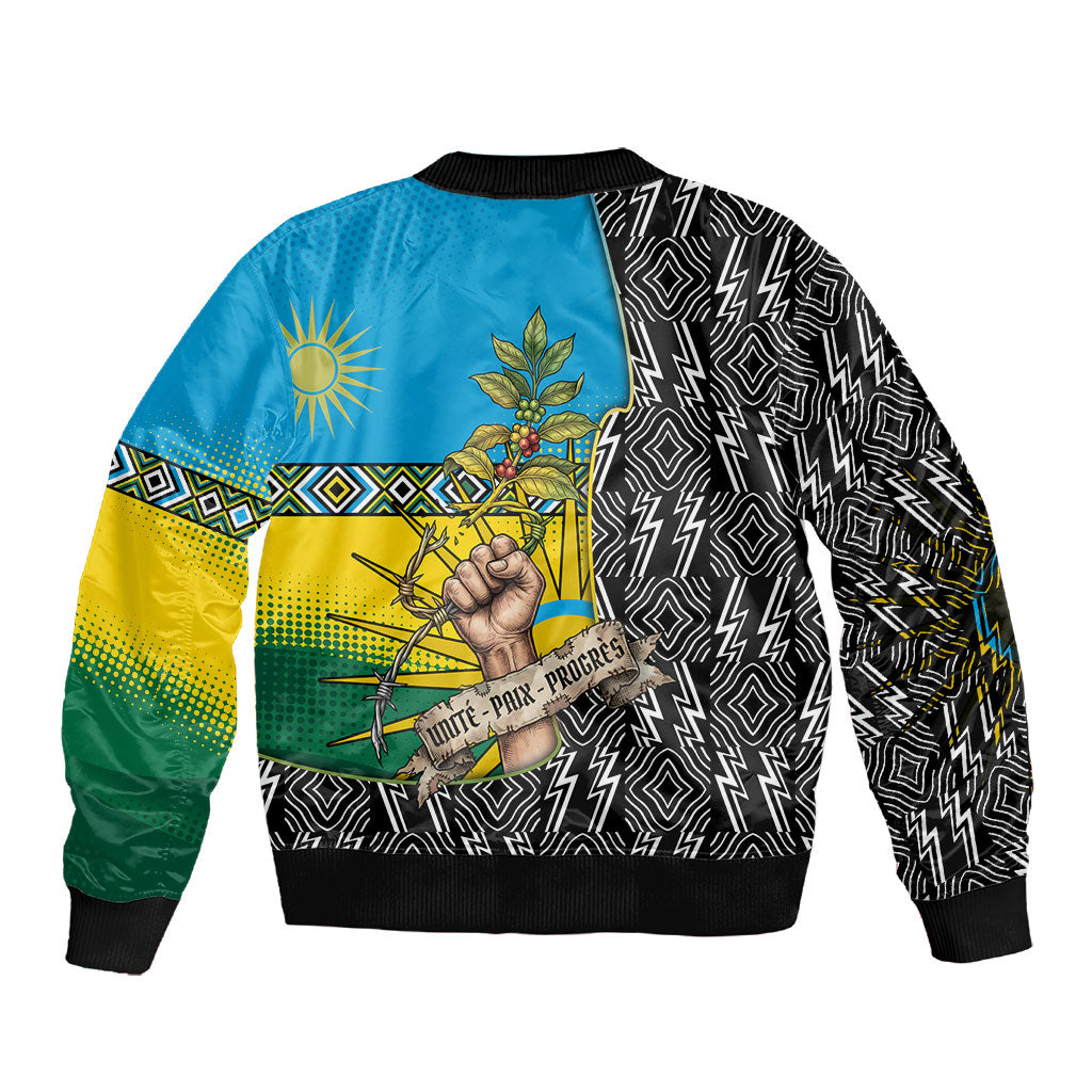 Rwanda Independence Day Unite Paix Progres Sleeve Zip Bomber Jacket African Geometric Pattern - Power Fist And Coffee Branch Art