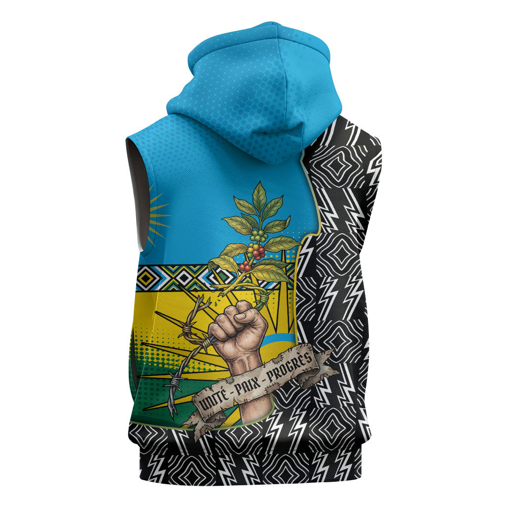 Rwanda Independence Day Unite Paix Progres Sleeveless Hoodie African Geometric Pattern - Power Fist And Coffee Branch Art