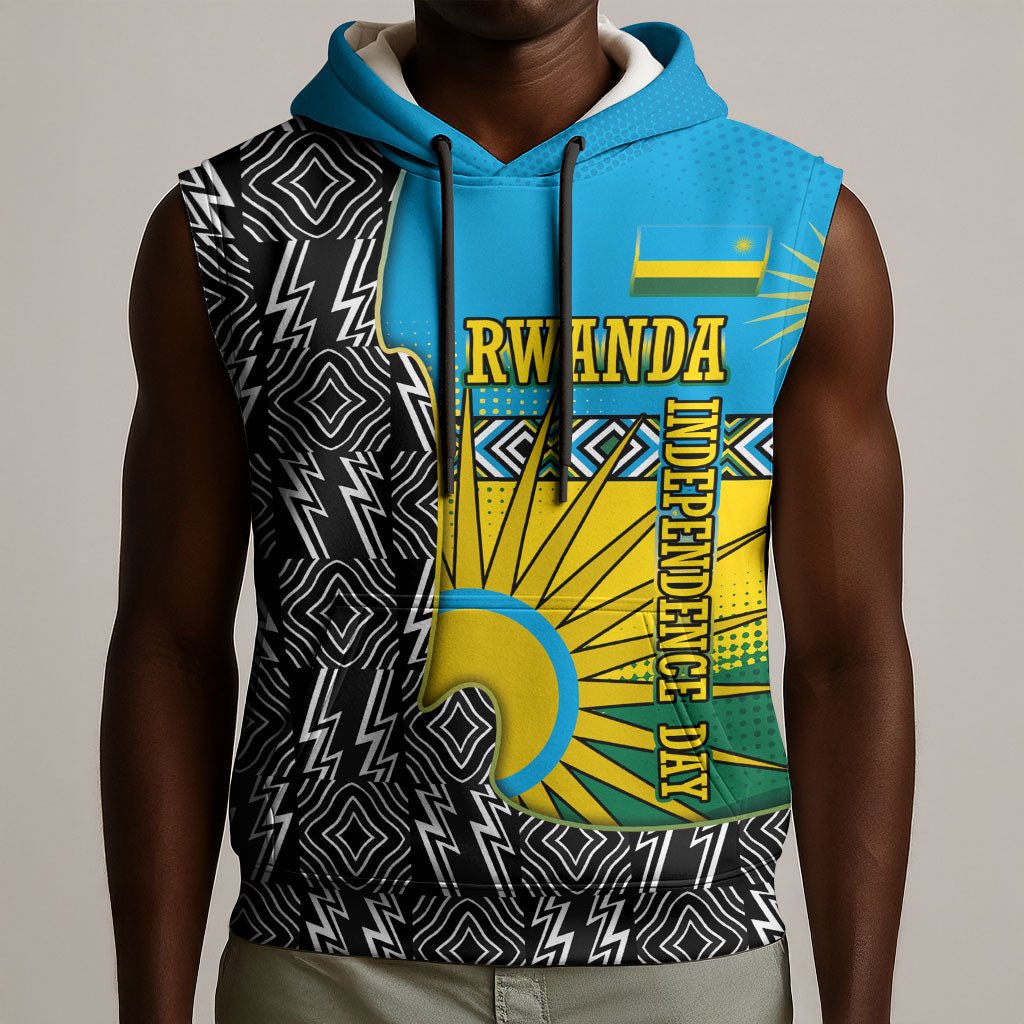 Rwanda Independence Day Unite Paix Progres Sleeveless Hoodie African Geometric Pattern - Power Fist And Coffee Branch Art