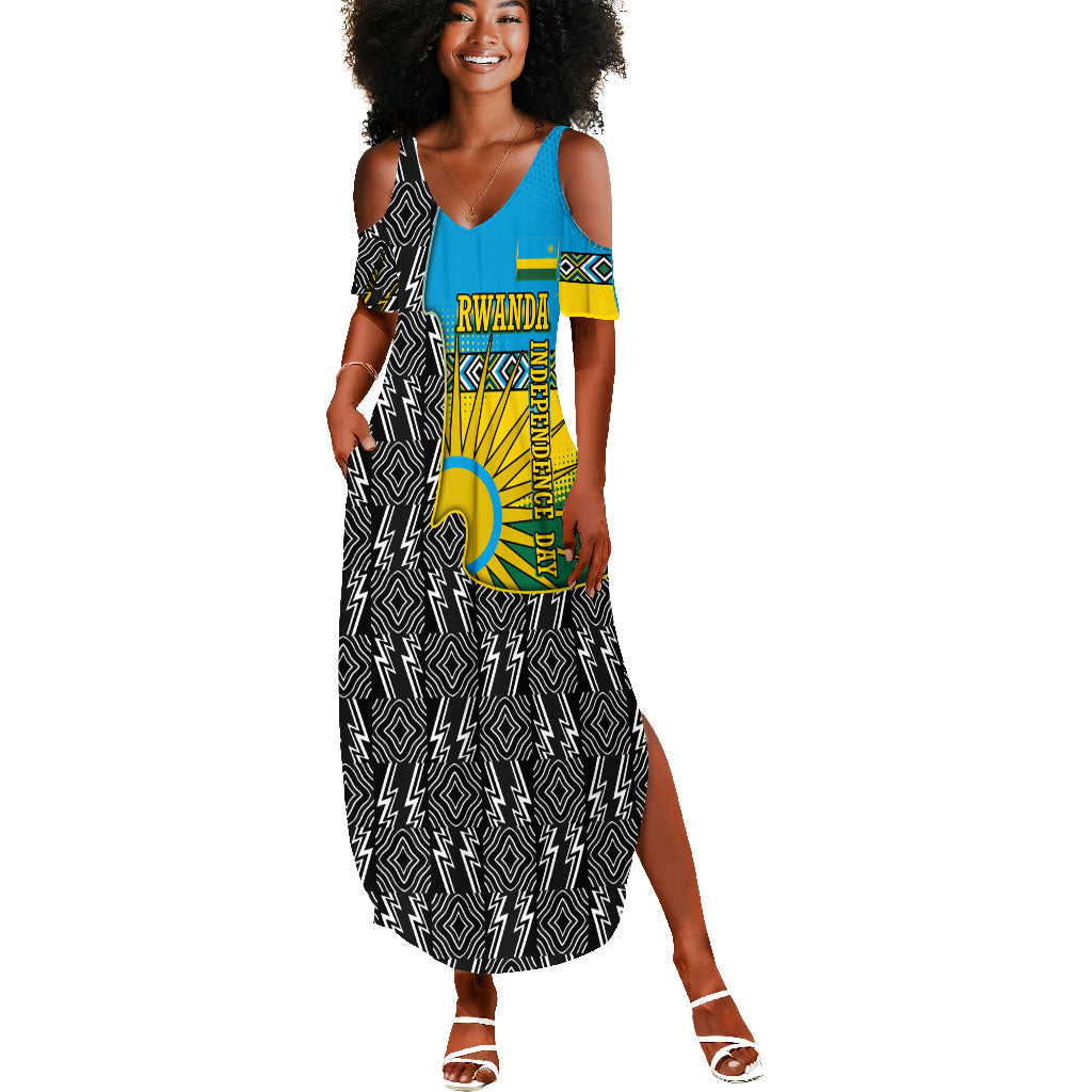 Rwanda Independence Day Unite Paix Progres Summer Maxi Dress African Geometric Pattern - Power Fist And Coffee Branch Art