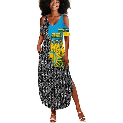 Rwanda Independence Day Unite Paix Progres Summer Maxi Dress African Geometric Pattern - Power Fist And Coffee Branch Art