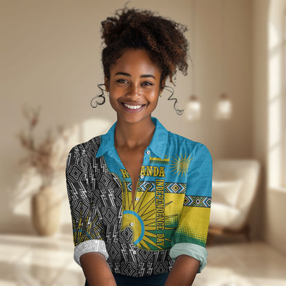 Rwanda Independence Day Unite Paix Progres Women Casual Shirt African Geometric Pattern - Power Fist And Coffee Branch Art