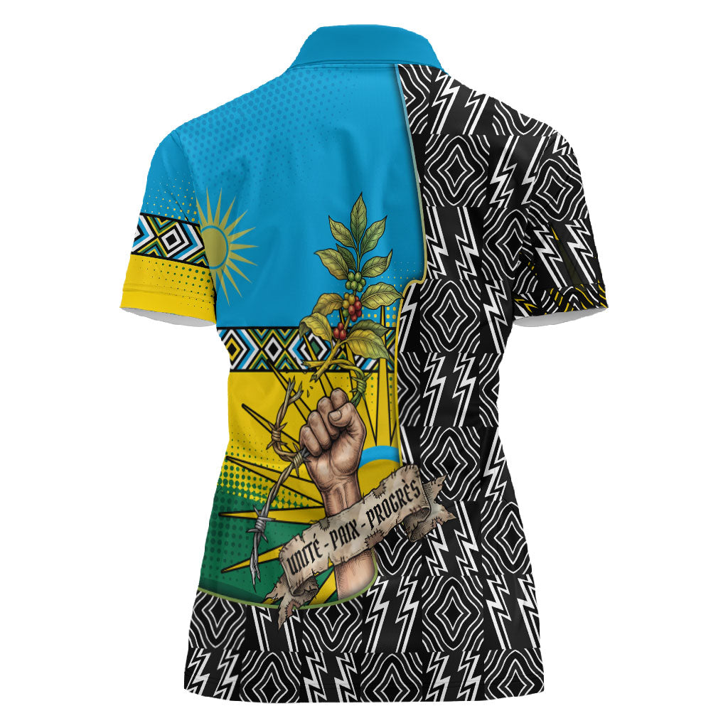 Rwanda Independence Day Unite Paix Progres Women Polo Shirt African Geometric Pattern - Power Fist And Coffee Branch Art
