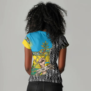 Rwanda Independence Day Unite Paix Progres Women V-Neck T-Shirt African Geometric Pattern - Power Fist And Coffee Branch Art
