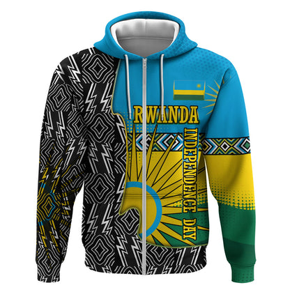 Rwanda Independence Day Unite Paix Progres Zip Hoodie African Geometric Pattern - Power Fist And Coffee Branch Art