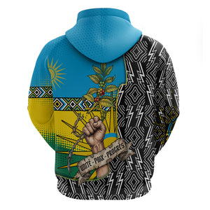 Rwanda Independence Day Unite Paix Progres Zip Hoodie African Geometric Pattern - Power Fist And Coffee Branch Art