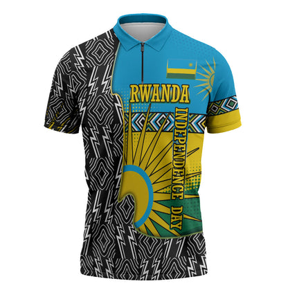 Rwanda Independence Day Unite Paix Progres Zipper Polo Shirt African Geometric Pattern - Power Fist And Coffee Branch Art