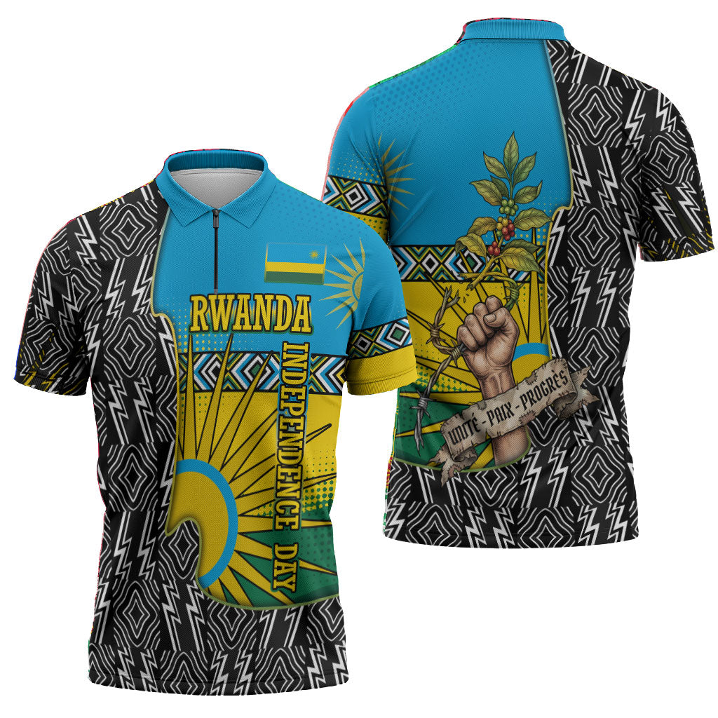 Rwanda Independence Day Unite Paix Progres Zipper Polo Shirt African Geometric Pattern - Power Fist And Coffee Branch Art