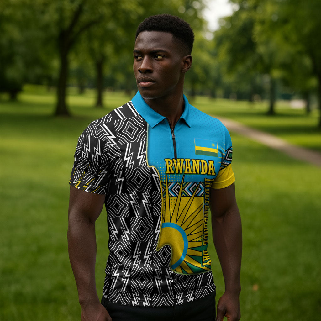 Rwanda Independence Day Unite Paix Progres Zipper Polo Shirt African Geometric Pattern - Power Fist And Coffee Branch Art
