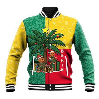 Benin Christmas Baseball Jacket Palm Tree Dolls and Red Yellow Green Festive - African Pride